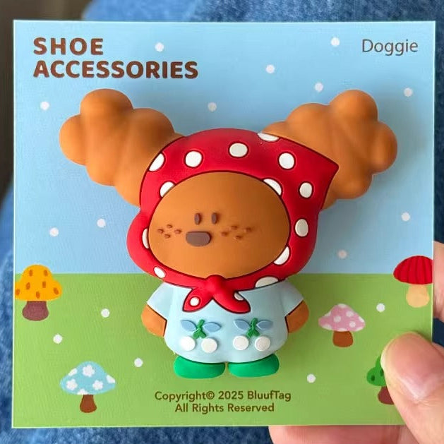 Card with a cartoon dog character wearing a red hood and mushroom cap, labeled 'Shoe Accessories'.