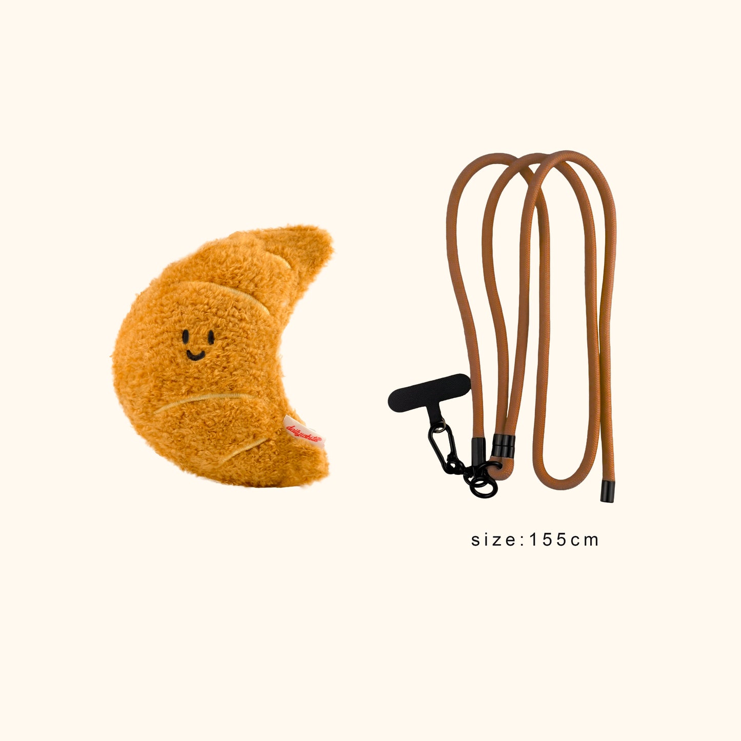 Plush fortune cookie with a lanyard on a white background