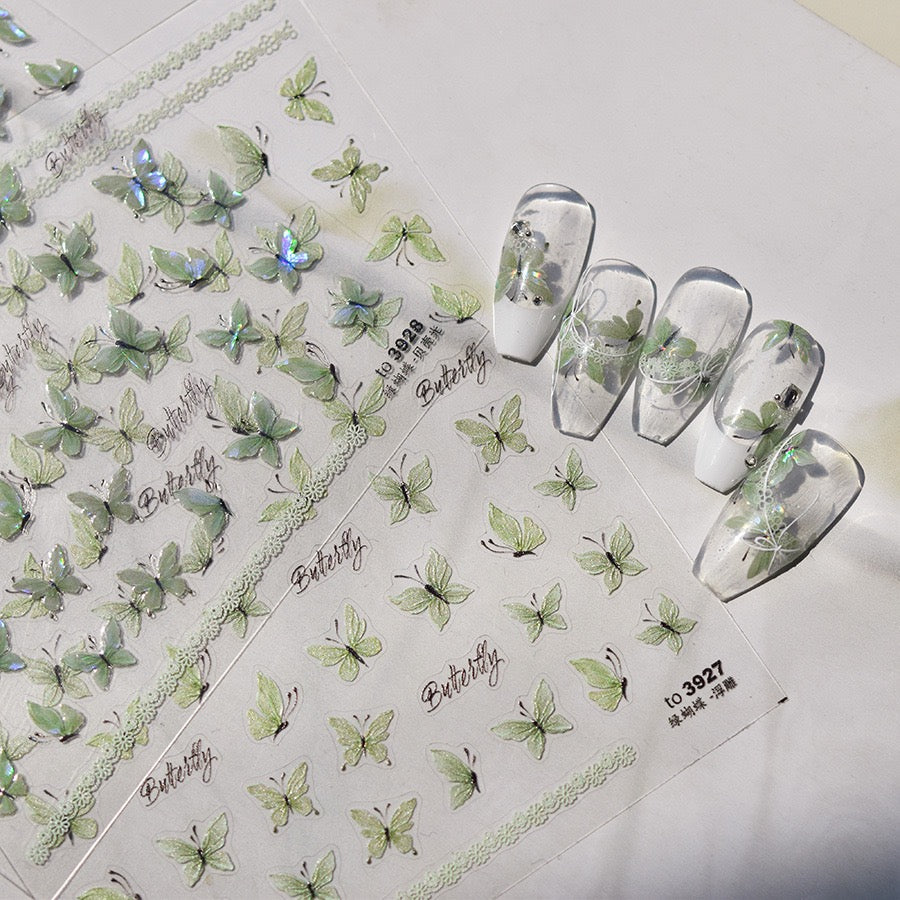 Hello Claws | Crystal Green Butterfly 5D Embossed Pattern Design Nail Deco Sticker