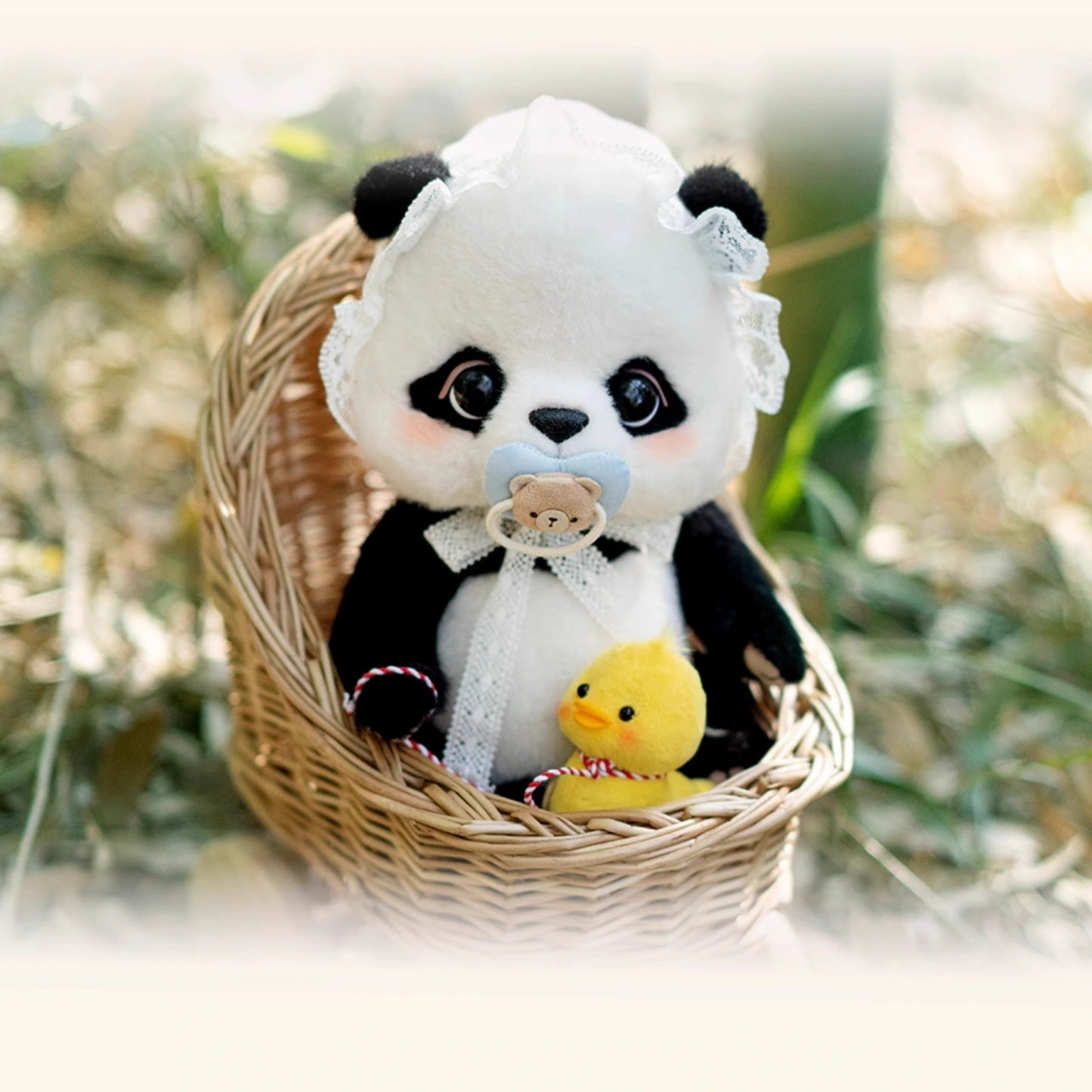 Plush panda toy with movable joints in a basket with a duck, against a natural background.