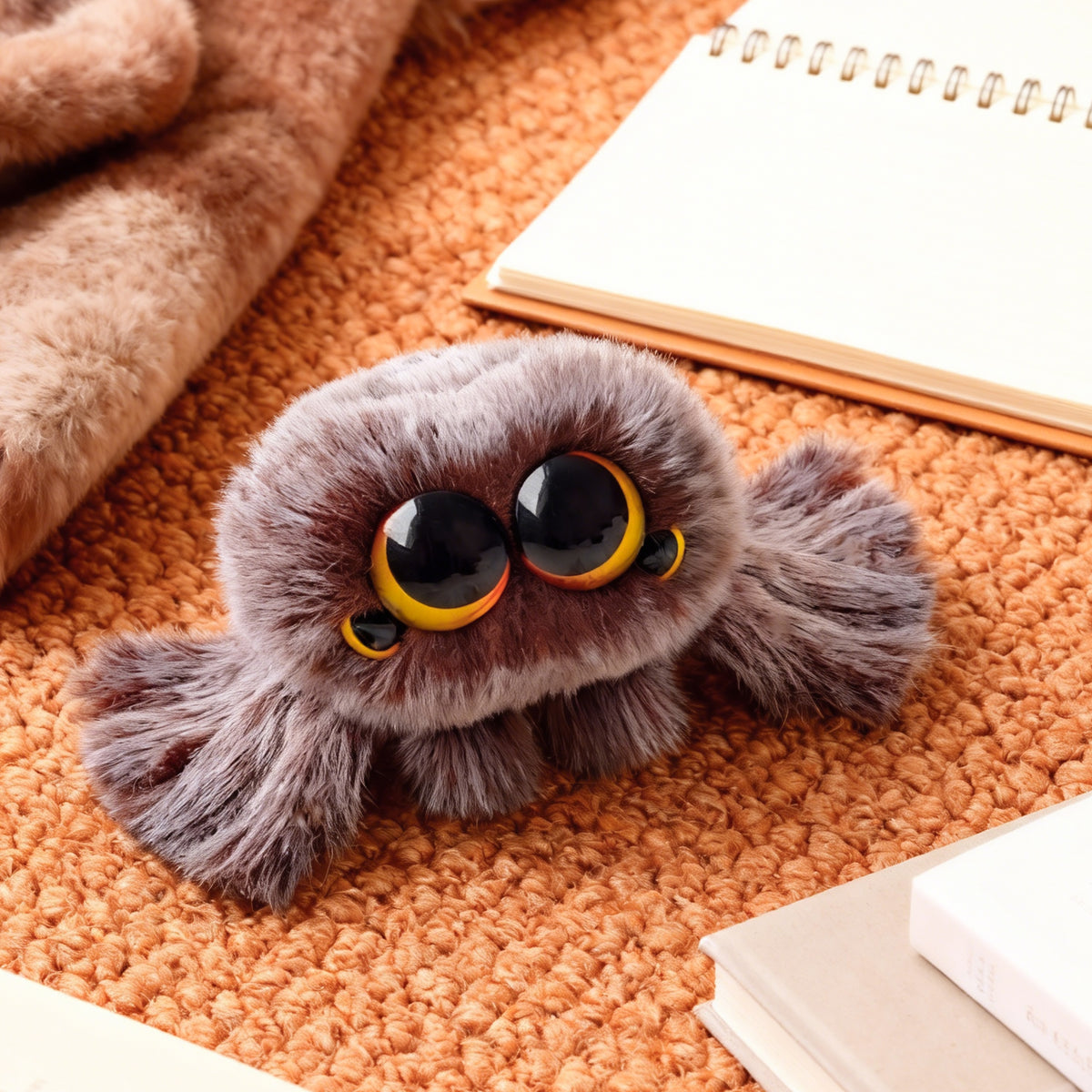 Plush toy with large eyes on a textured surface