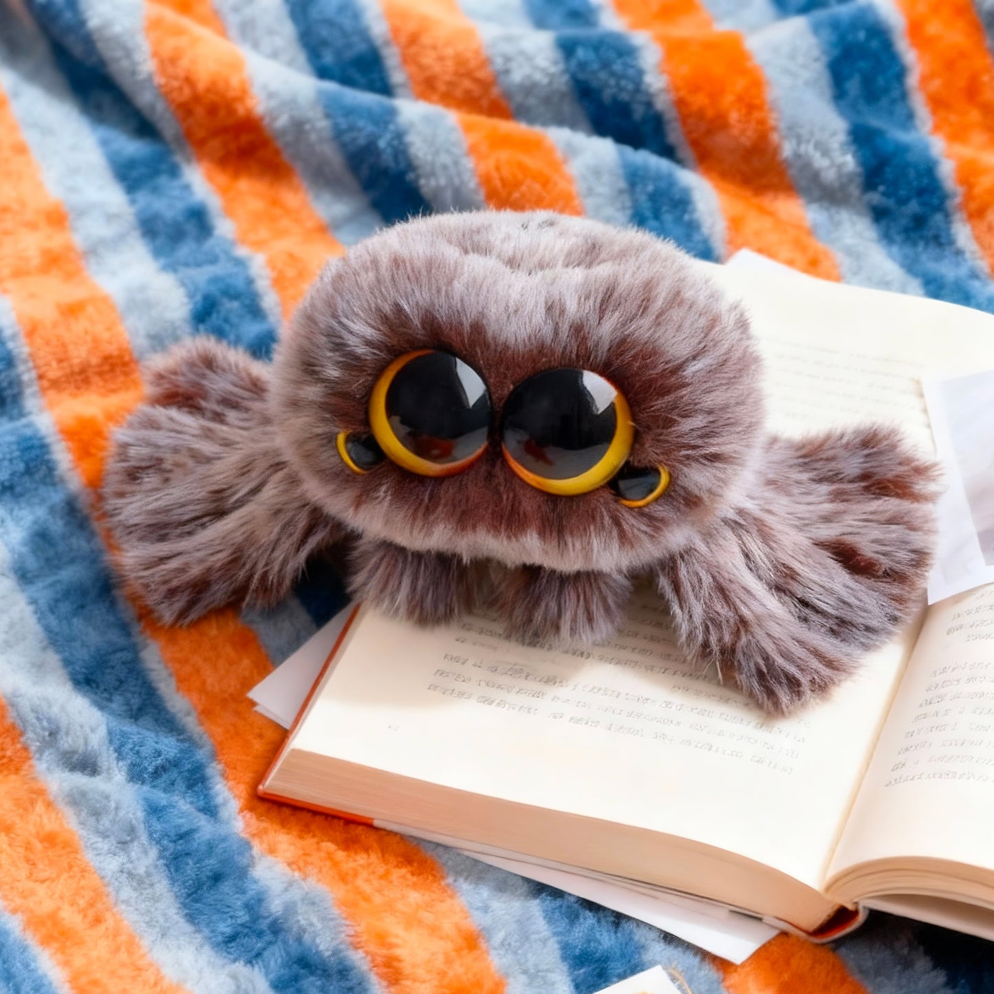Plush toy resembling a spider on an open book with a colorful striped blanket background