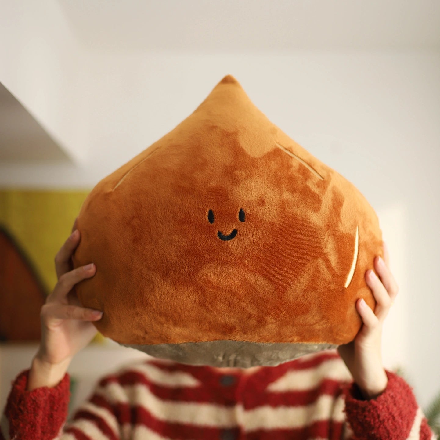 Person holding a plush toy shaped like a brown chestnut with a smiley face.