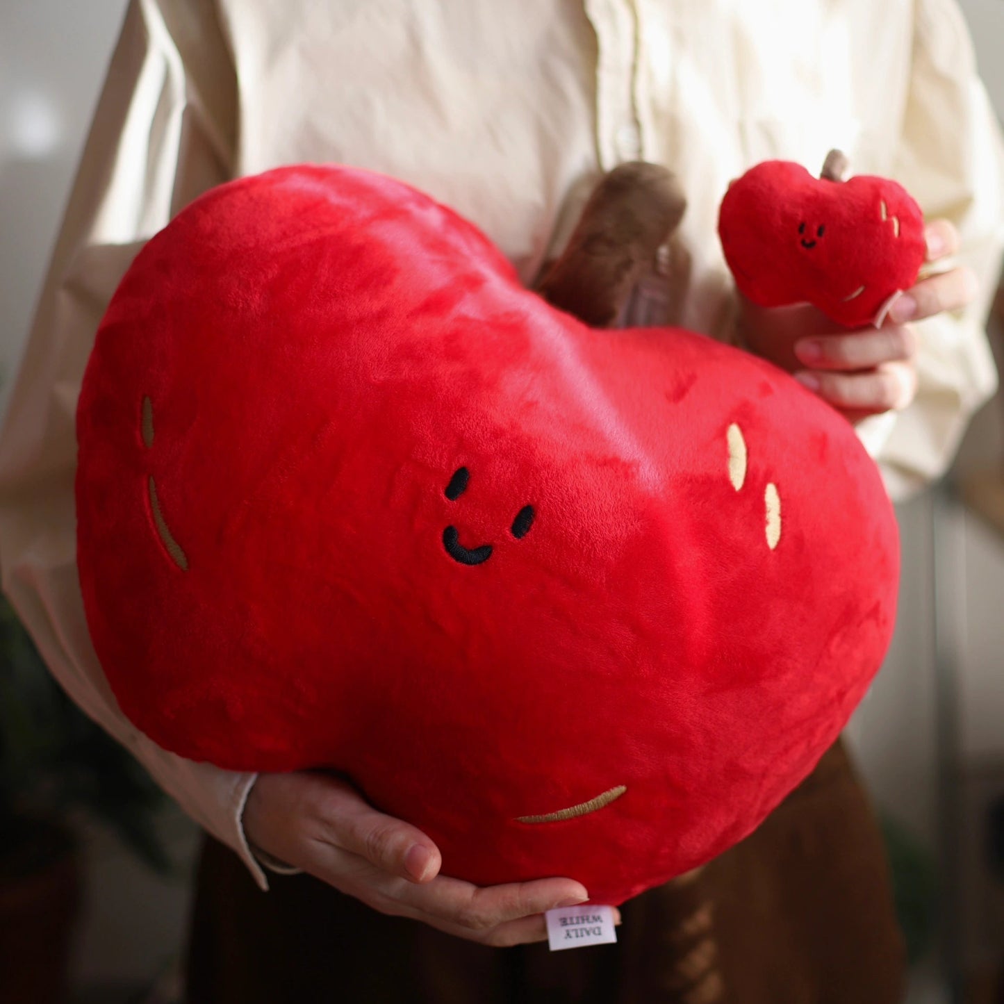Person holding a large red heart-shaped plush toy and a smaller one.