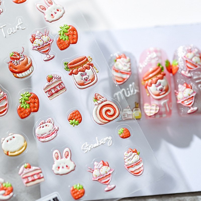 Hello Claws | Strawberry Cake Bunny Embossed Pattern Design Nail Deco Sticker