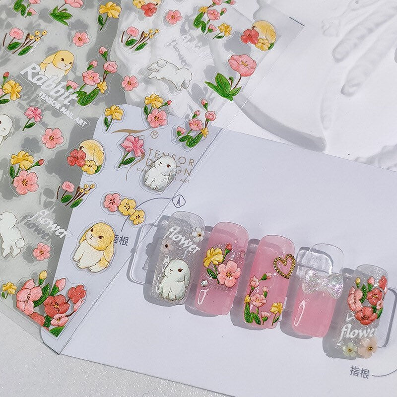 Hello Claws | Pink Rose Bunny Embossed Pattern Design Nail Deco Sticker