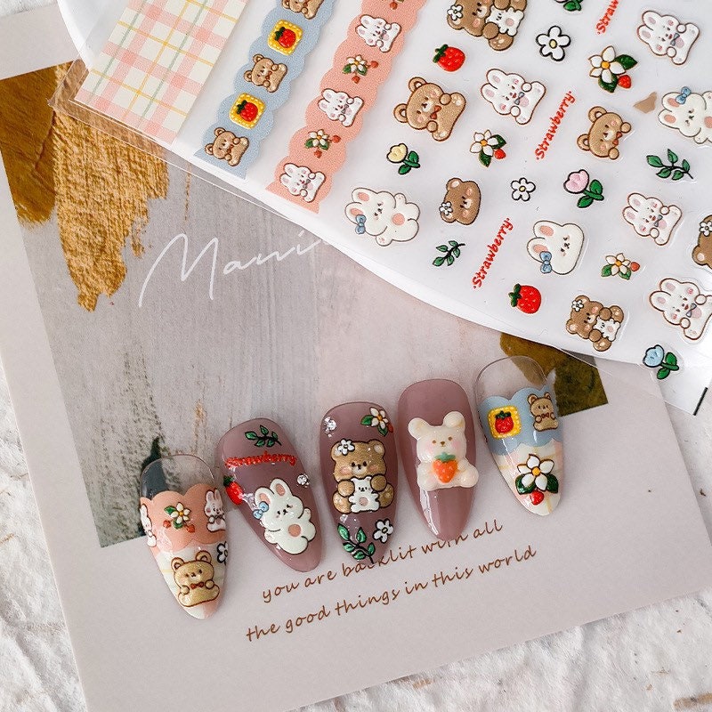 Hello Claws | Bear Rabbit Strawberry Embossed Pattern Design Nail Deco Sticker