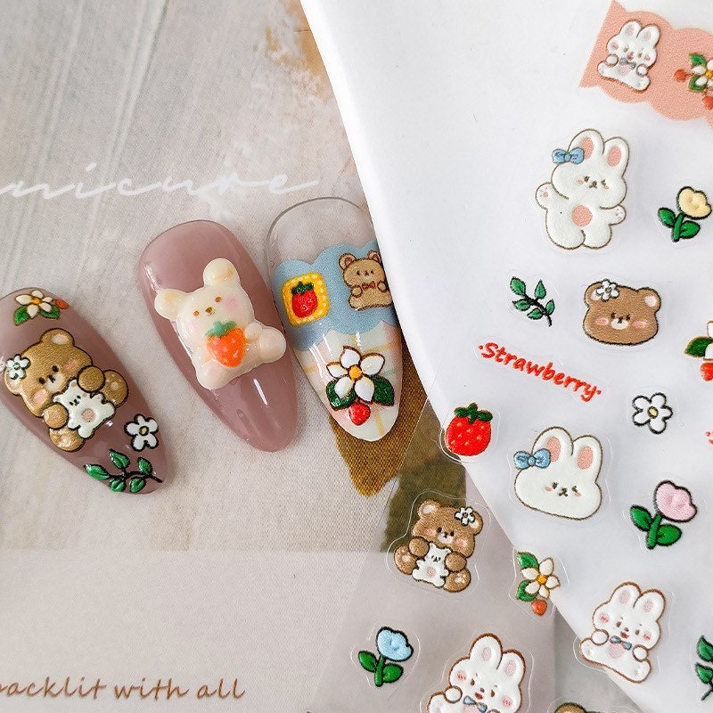 Hello Claws | Bear Rabbit Strawberry Embossed Pattern Design Nail Deco Sticker