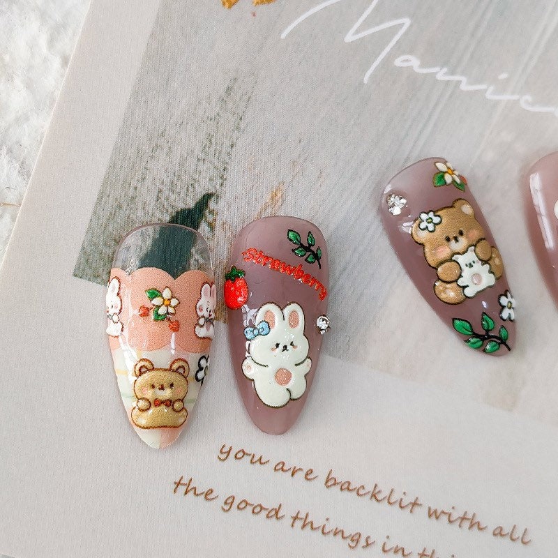 Hello Claws | Bear Rabbit Strawberry Embossed Pattern Design Nail Deco Sticker