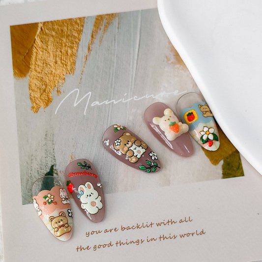 Hello Claws | Bear Rabbit Strawberry Embossed Pattern Design Nail Deco Sticker