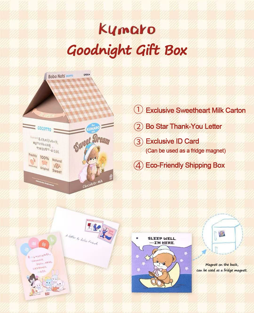 Kumaro Goodnight Gift Box with items listed on a checkered background
