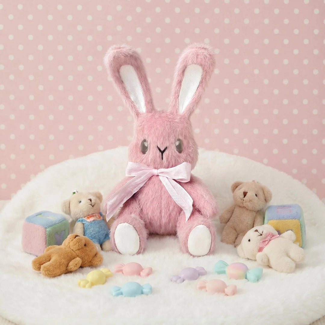 Pink plush bunny with a bow tie surrounded by teddy bears on a polka dot background