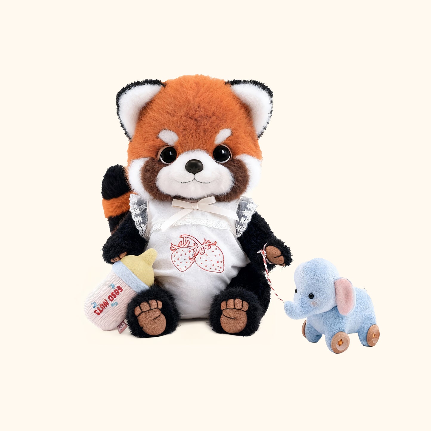 Plush toy red panda holding a bottle with a small plush elephant on a white background