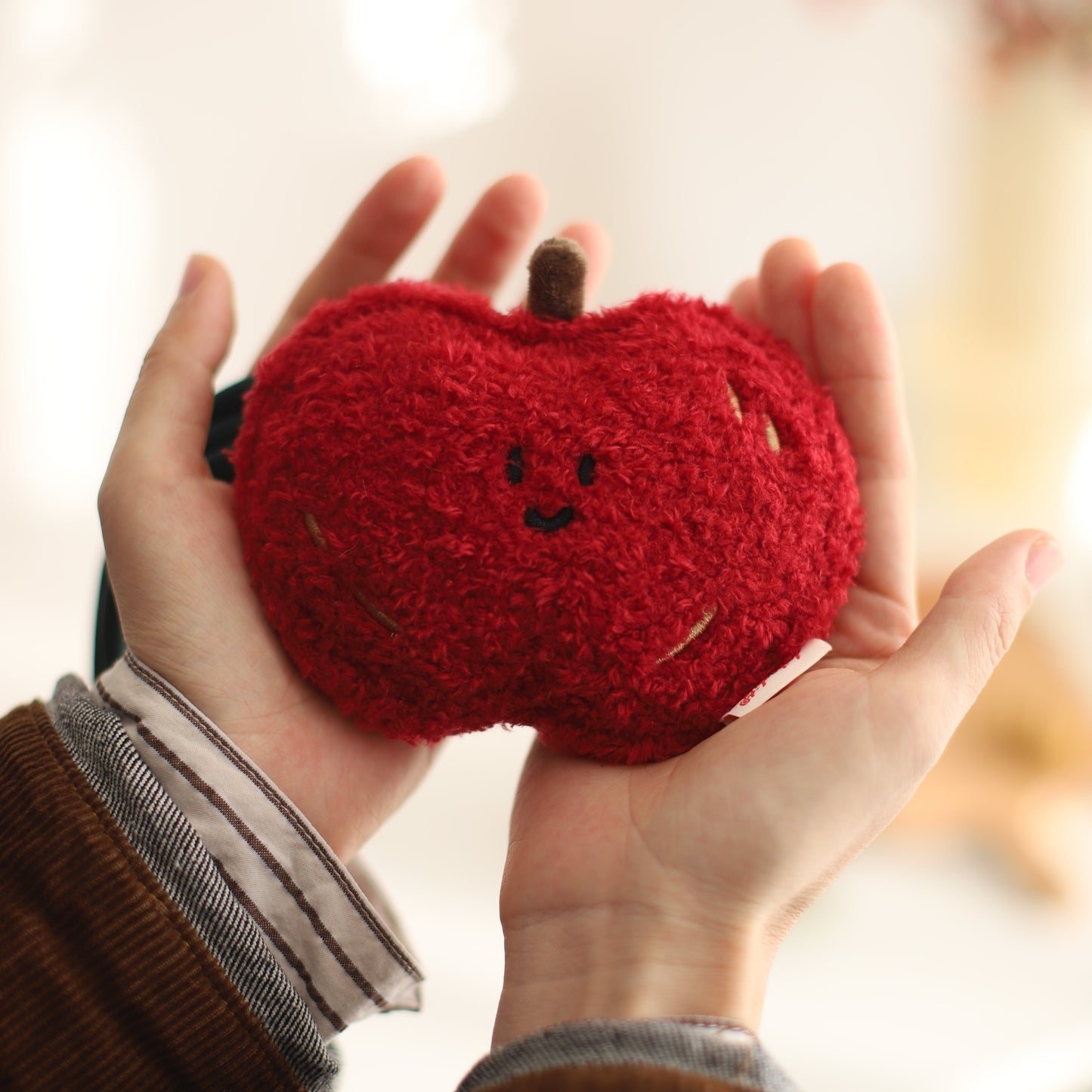 Red apple held in hands with a blurred background