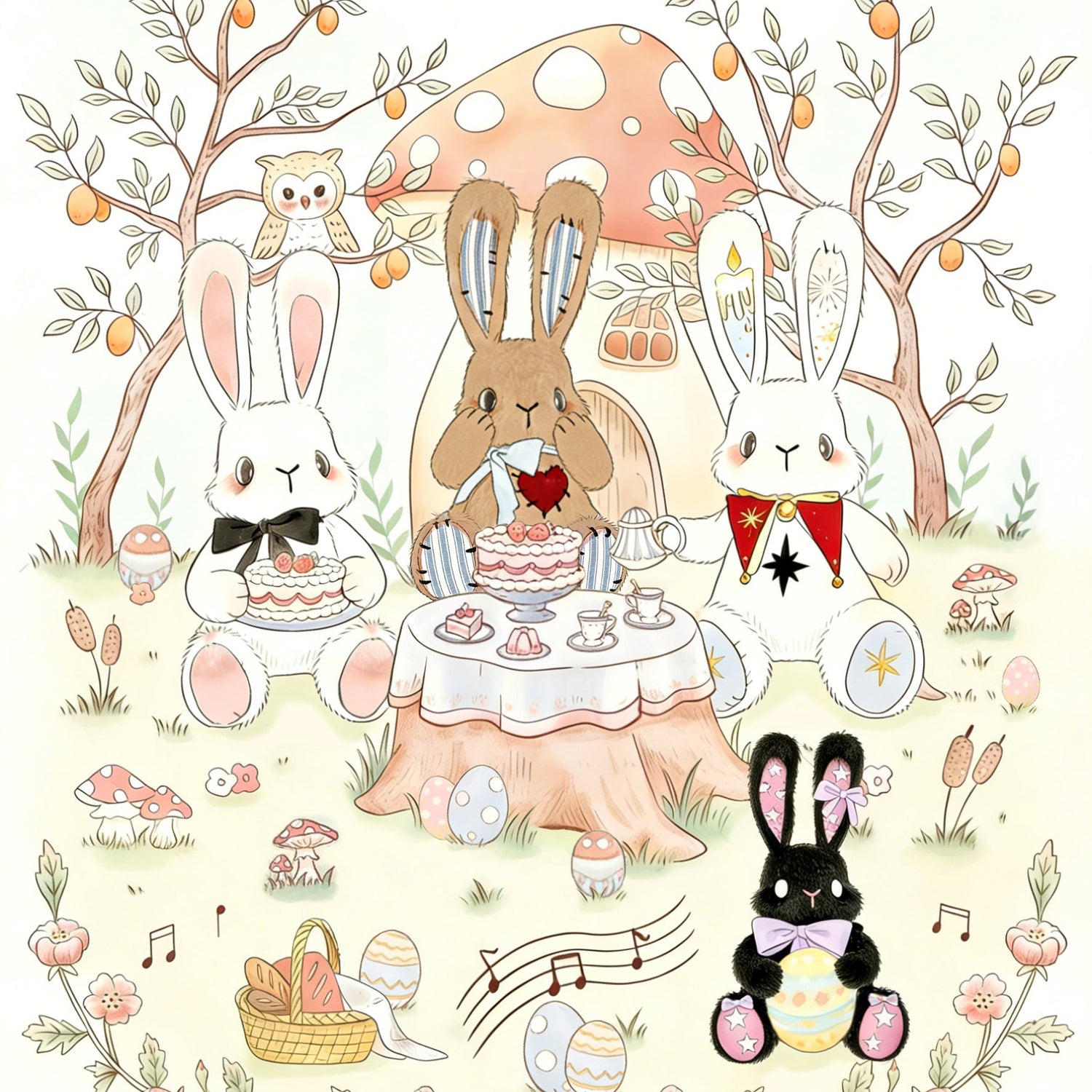 Illustration of rabbits at a tea party with decorative elements