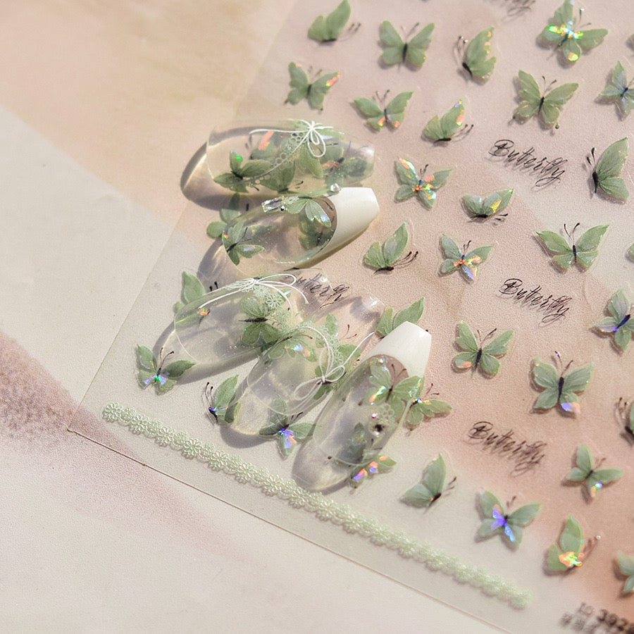 Hello Claws | Crystal Green Butterfly 5D Embossed Pattern Design Nail Deco Sticker