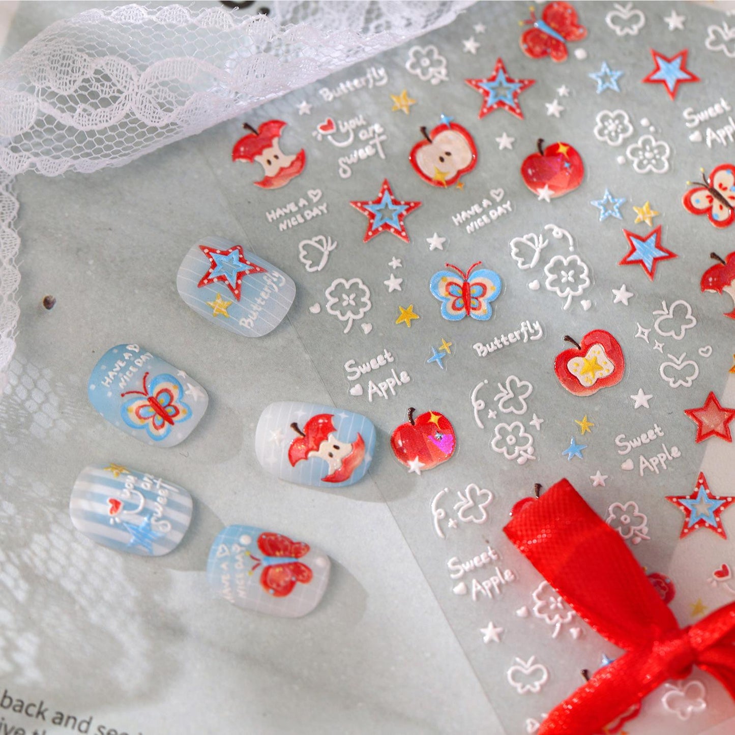 Hello Claws |Red Apple Star Nail Deco Sticker 