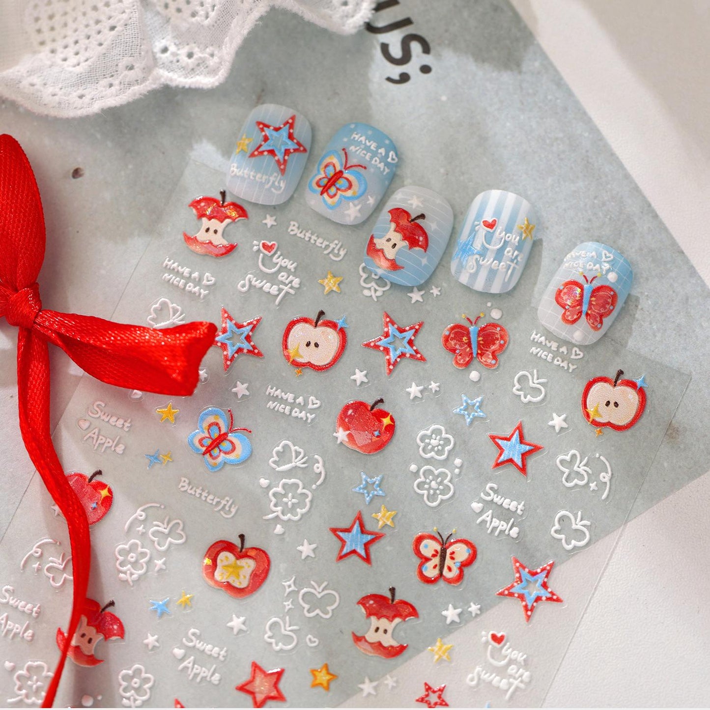 Hello Claws |Red Apple Star Nail Deco Sticker 