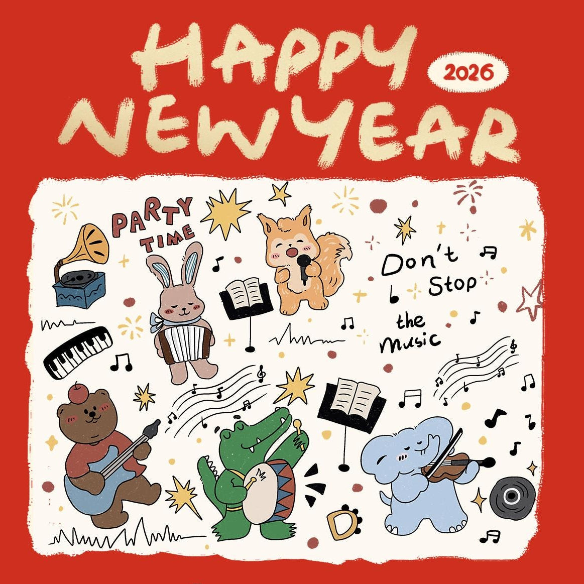 Happy New Year 2026 card with cartoon animals and musical elements on a red background.