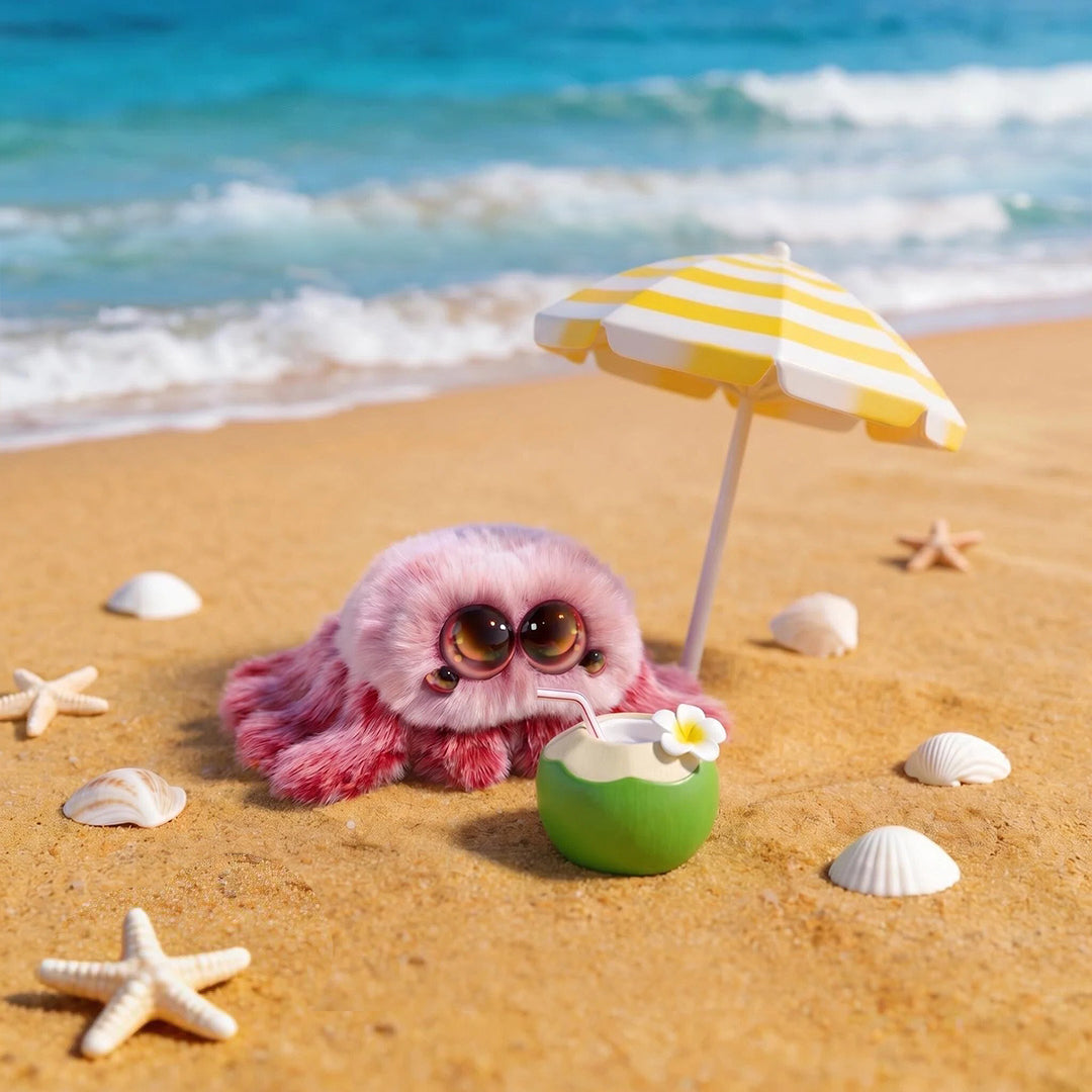 Pink spider with a coconut and striped umbrella on a sandy beach with ocean in the background