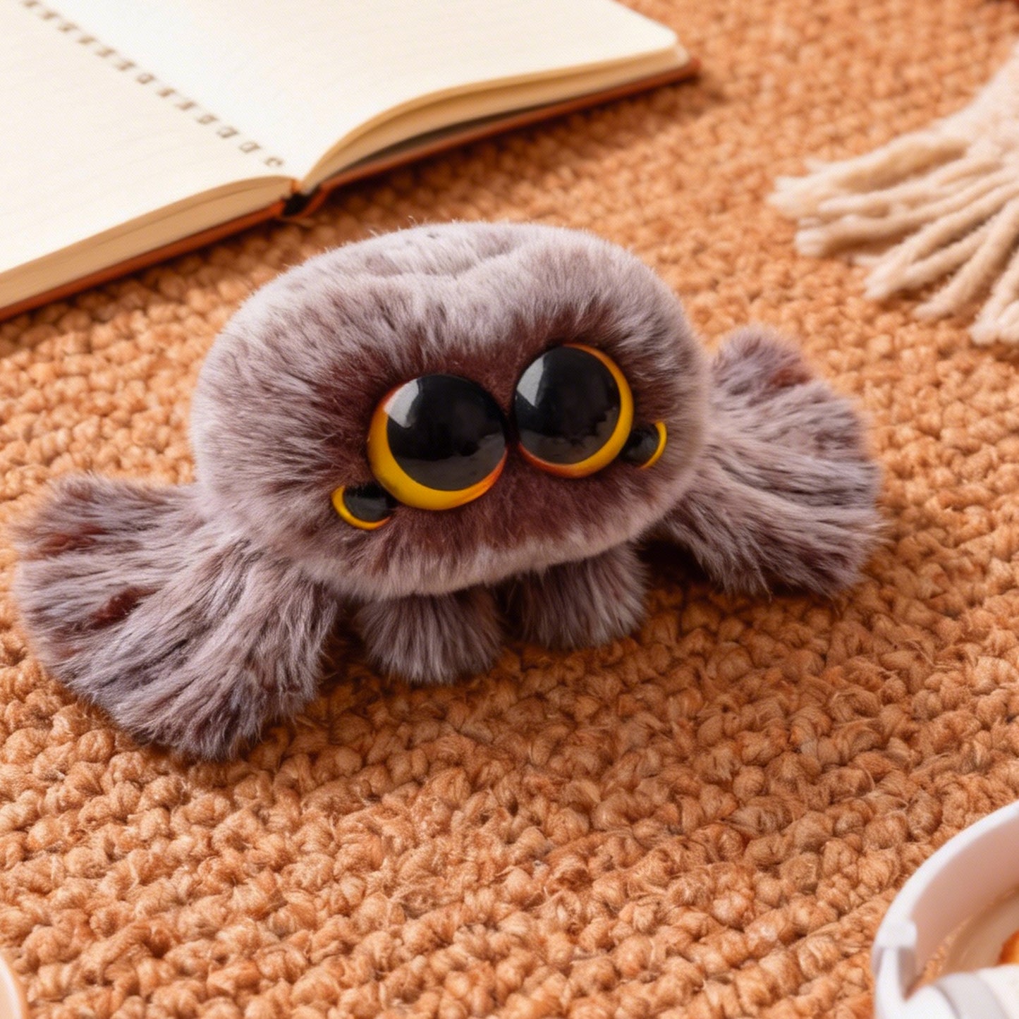 Plush toy resembling a spider on a textured surface with a notebook and hand in the background