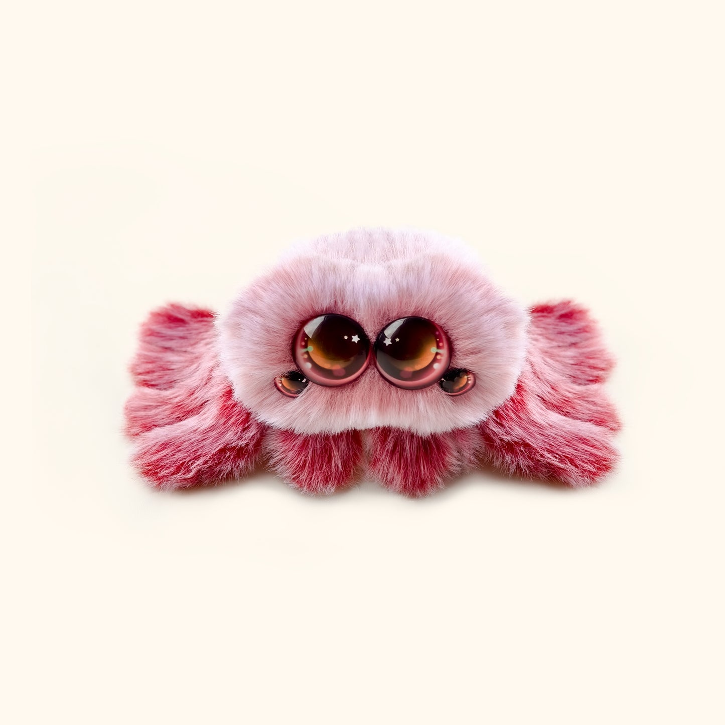 Pink fluffy eye mask with large eyes on a light beige background