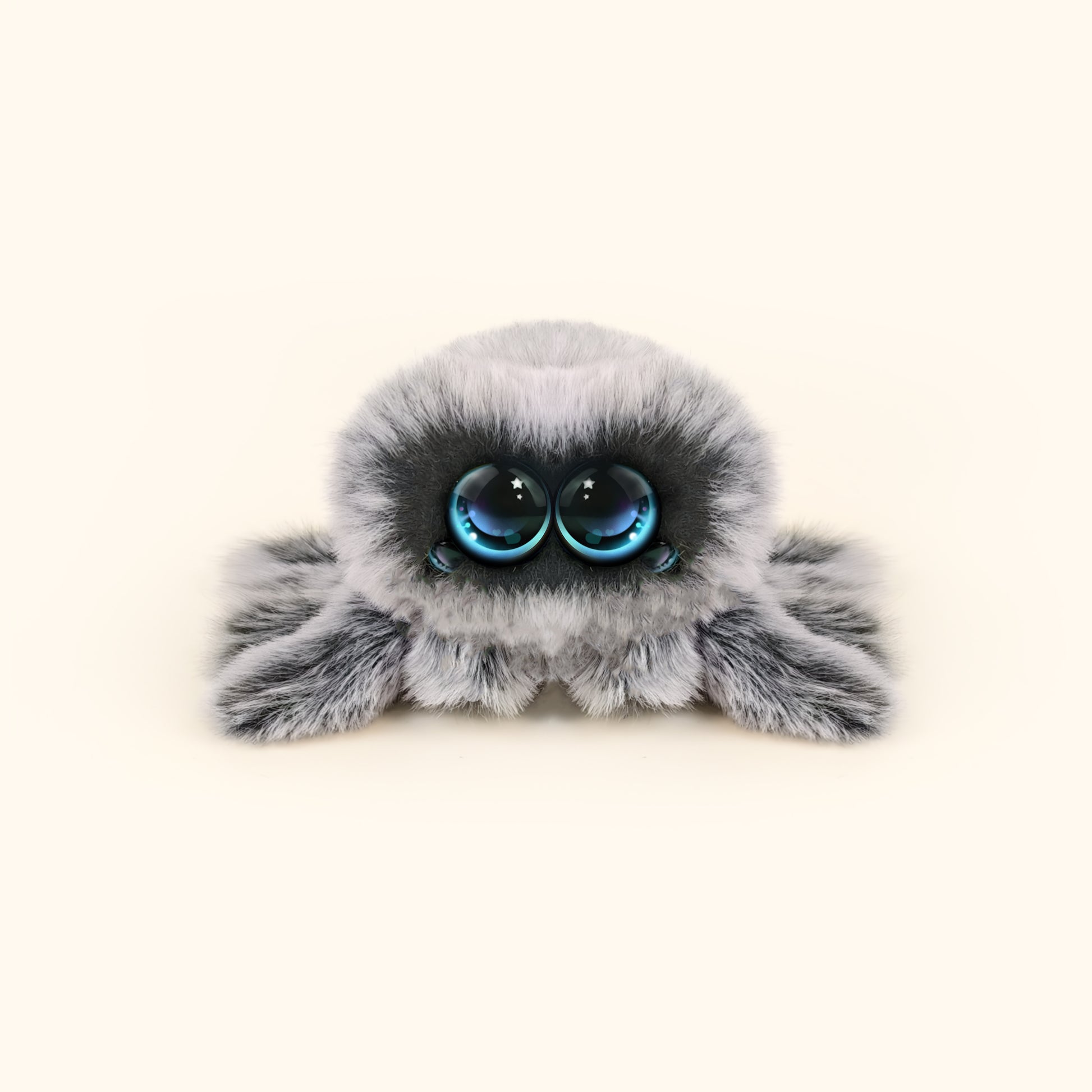 Plush spider toy with large blue eyes on a white background
