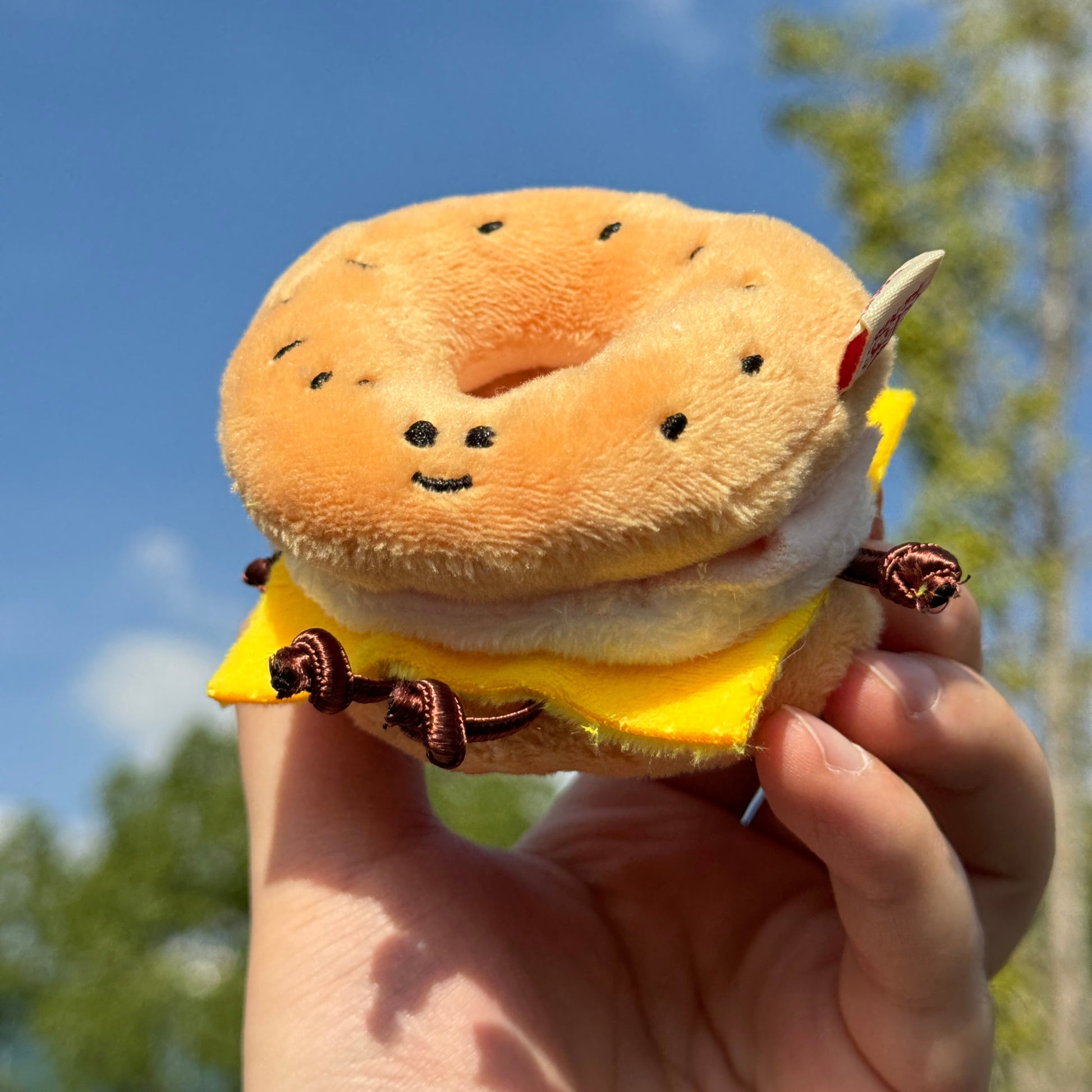 Hand holding a plush bagel with a toy inside against a blue sky background