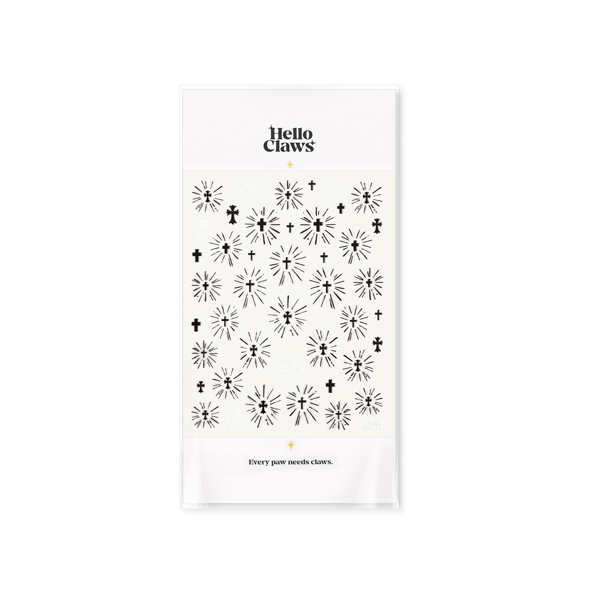 Packaging of Hello Clove nail stickers with black floral designs on a white background
