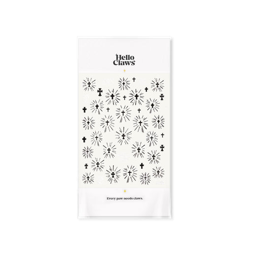 Packaging of Hello Clove nail stickers with black floral designs on a white background