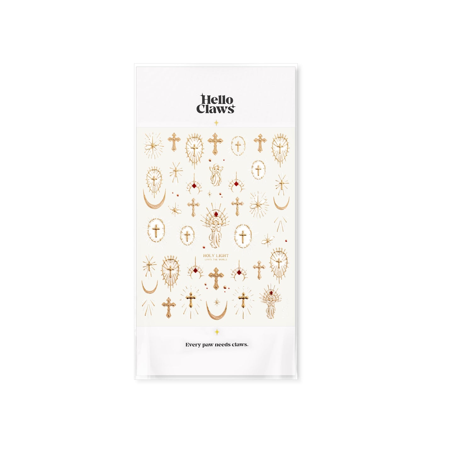 Sheet of gold temporary tattoos with various designs on a white background, branded 'Hello Clove'.