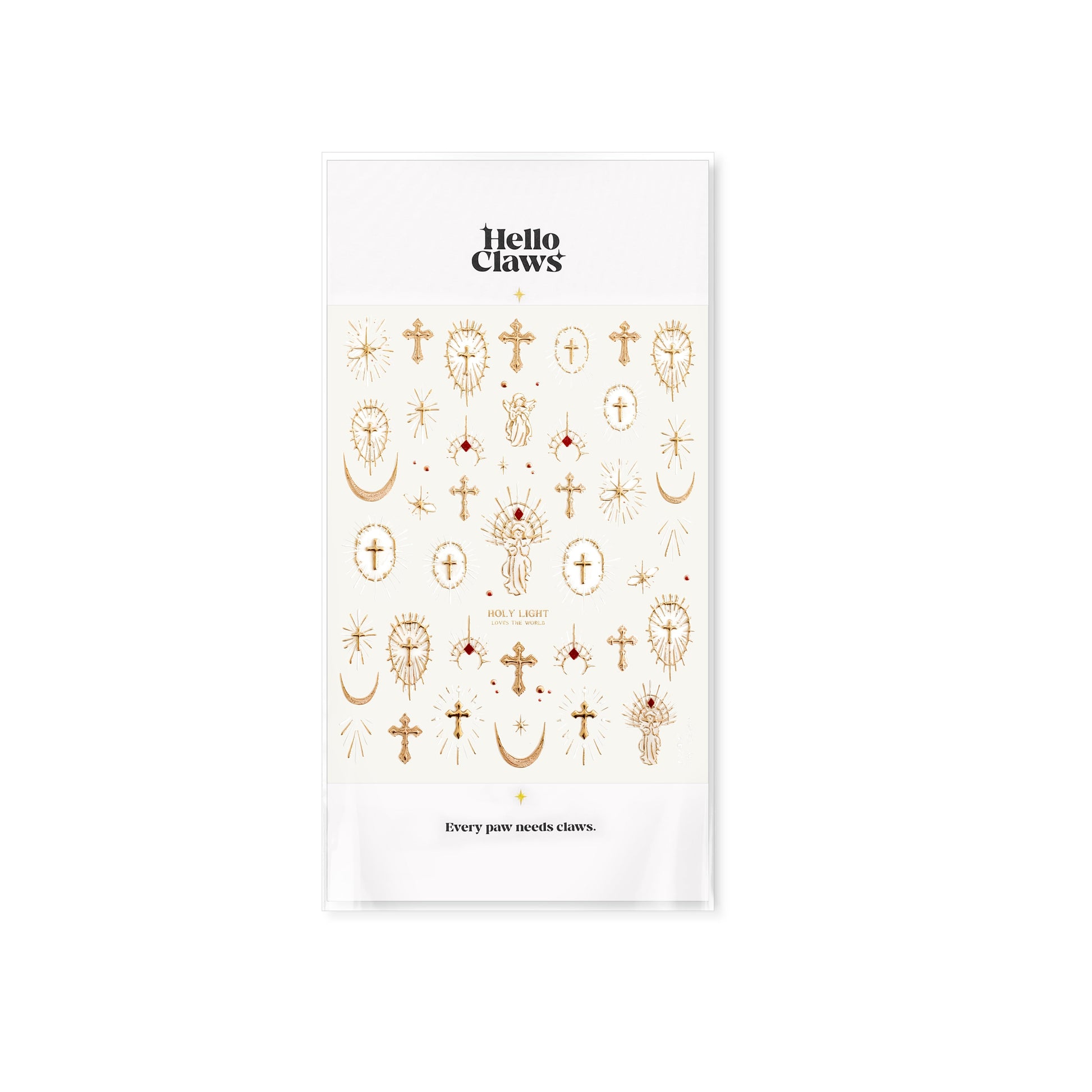 Sheet of gold temporary tattoos with various designs on a white background, branded 'Hello Clove'.