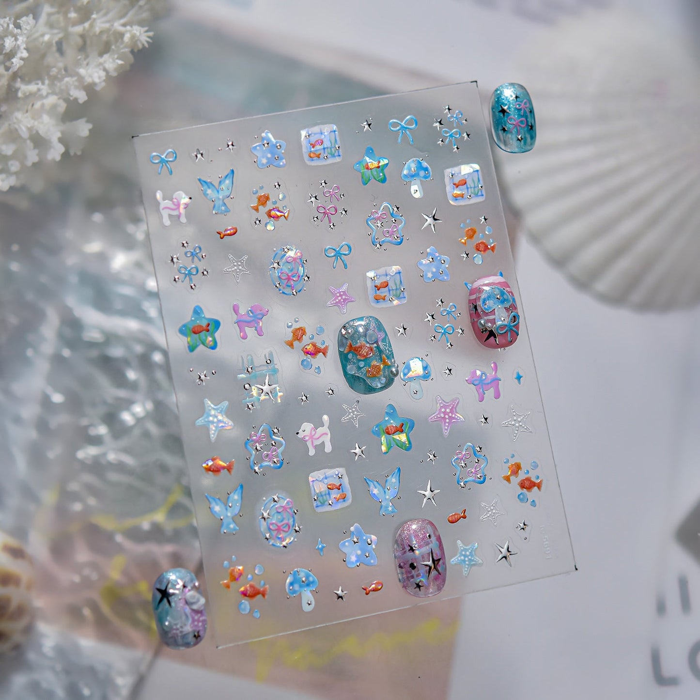 Hello Claws | Watercolour Ocean Fish Silver Nail Deco Sticker 