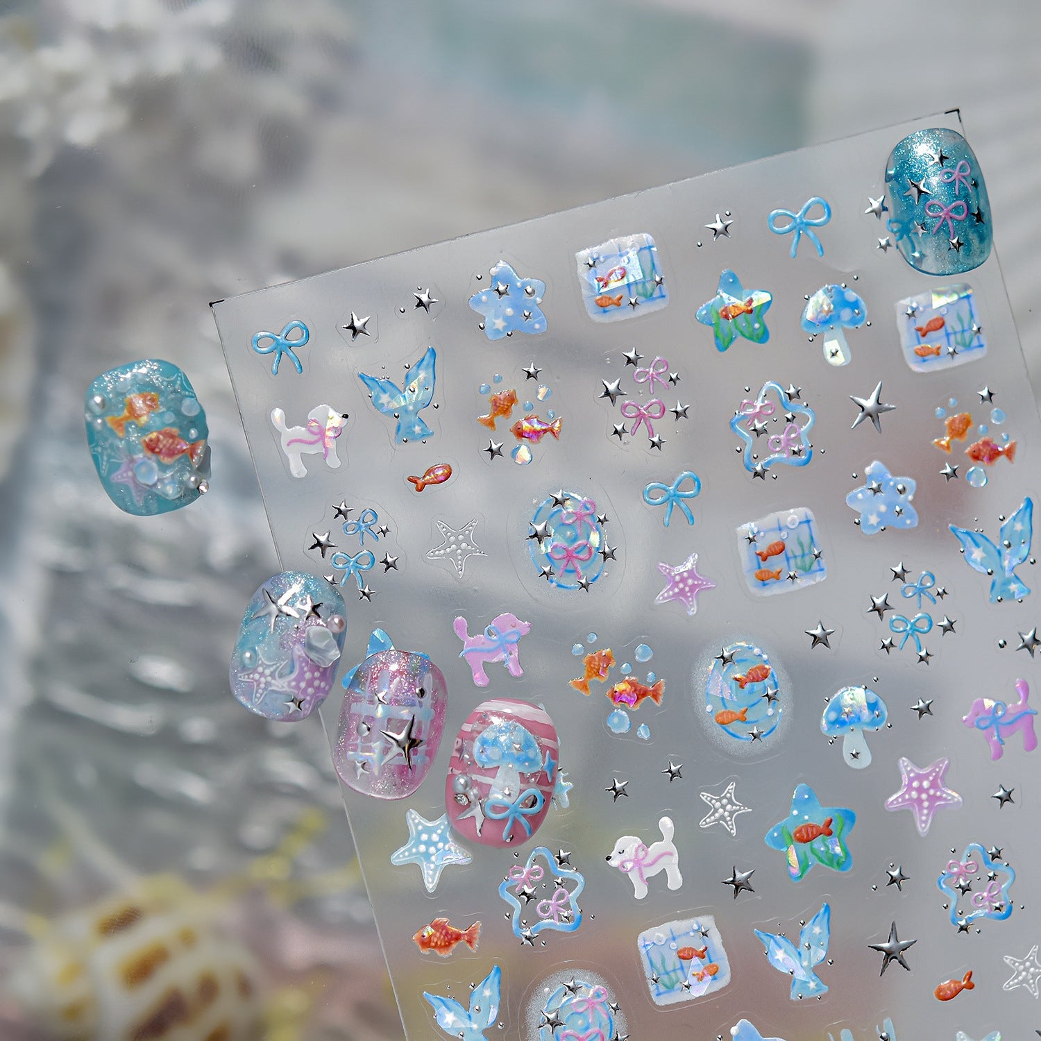 Hello Claws | Watercolour Ocean Fish Silver Nail Deco Sticker 