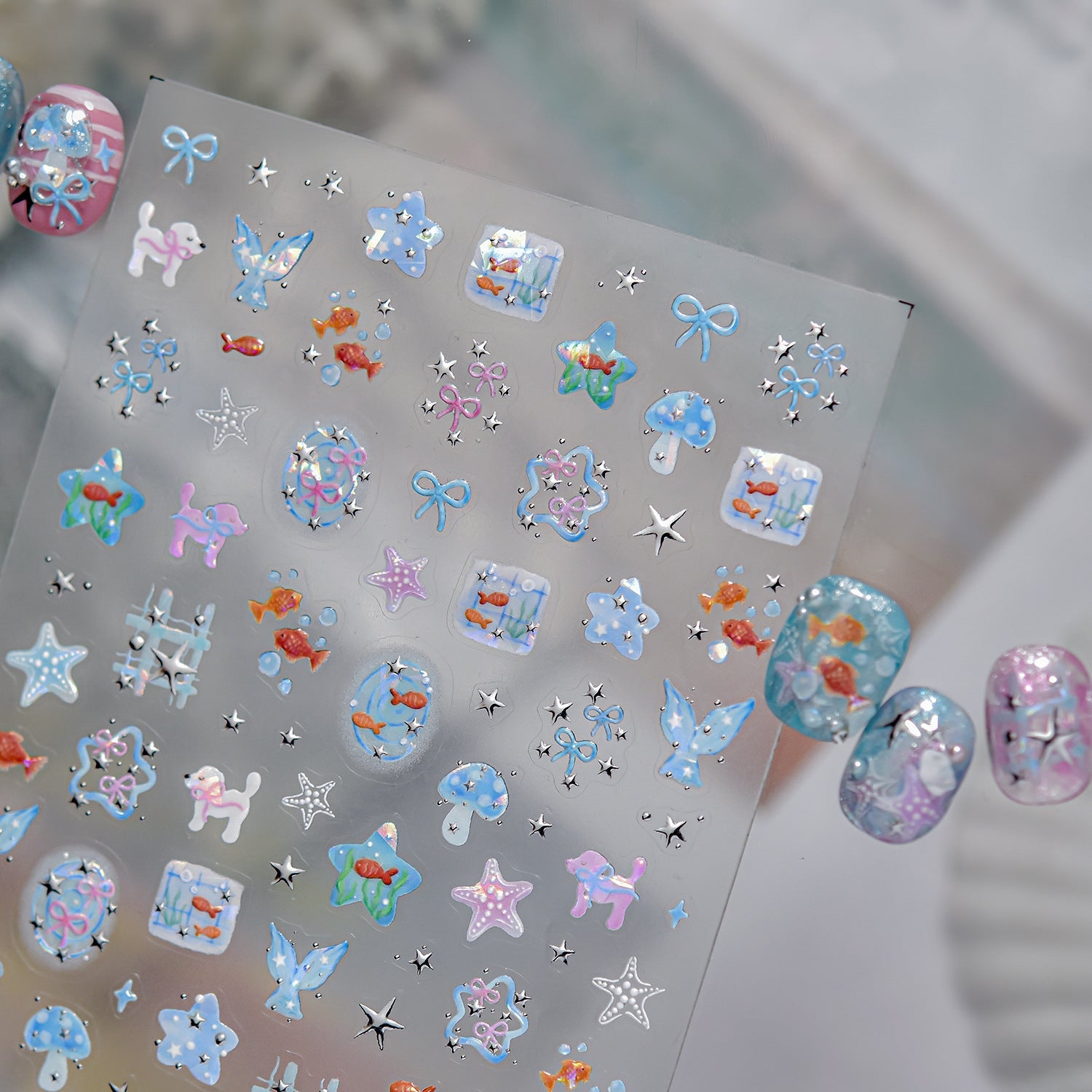 Hello Claws | Watercolour Ocean Fish Silver Nail Deco Sticker 