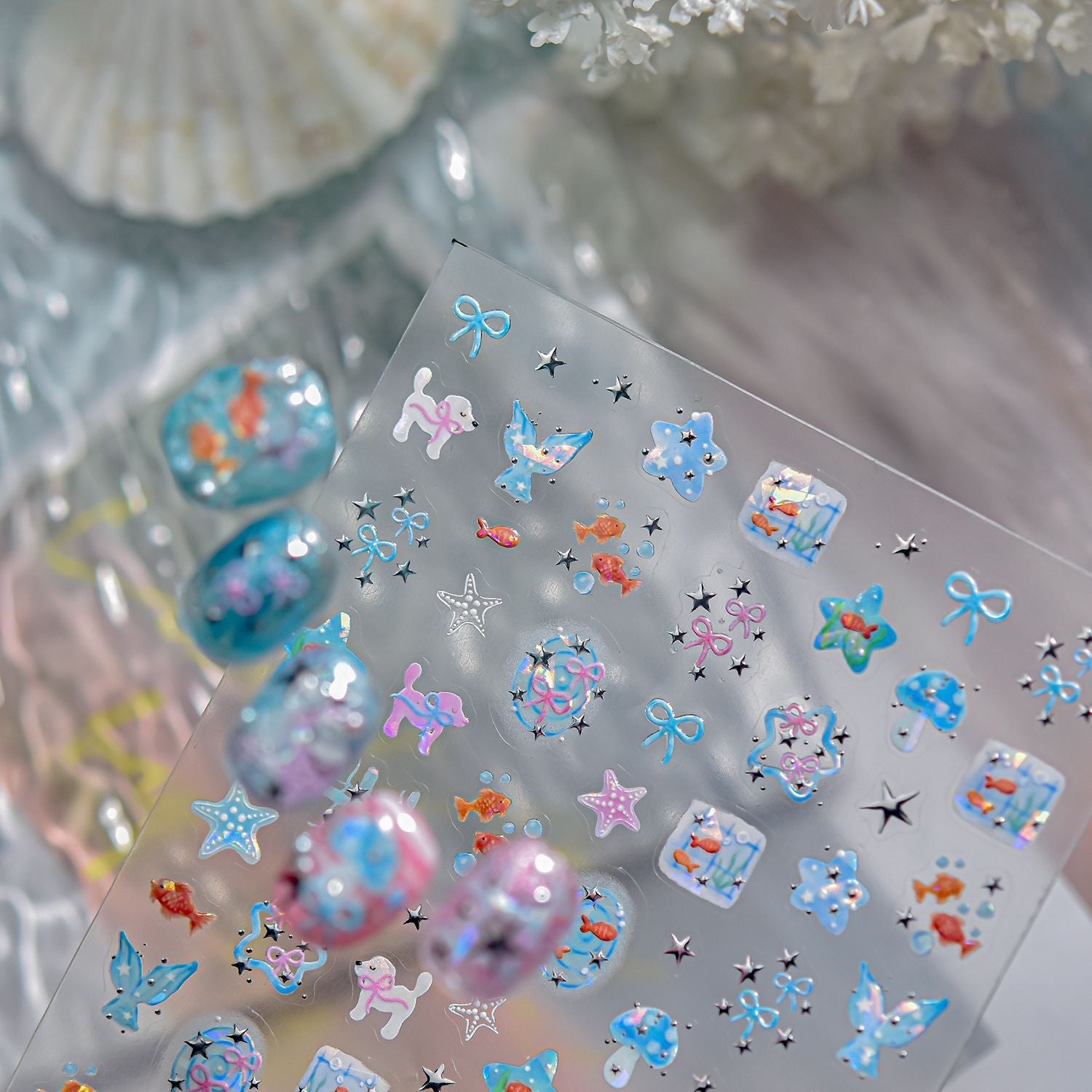 Hello Claws | Watercolour Ocean Fish Silver Nail Deco Sticker 