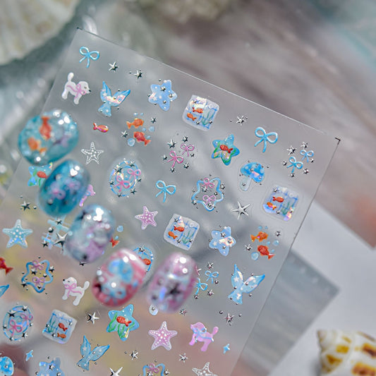 Hello Claws | Watercolour Ocean Fish Silver Nail Deco Sticker 
