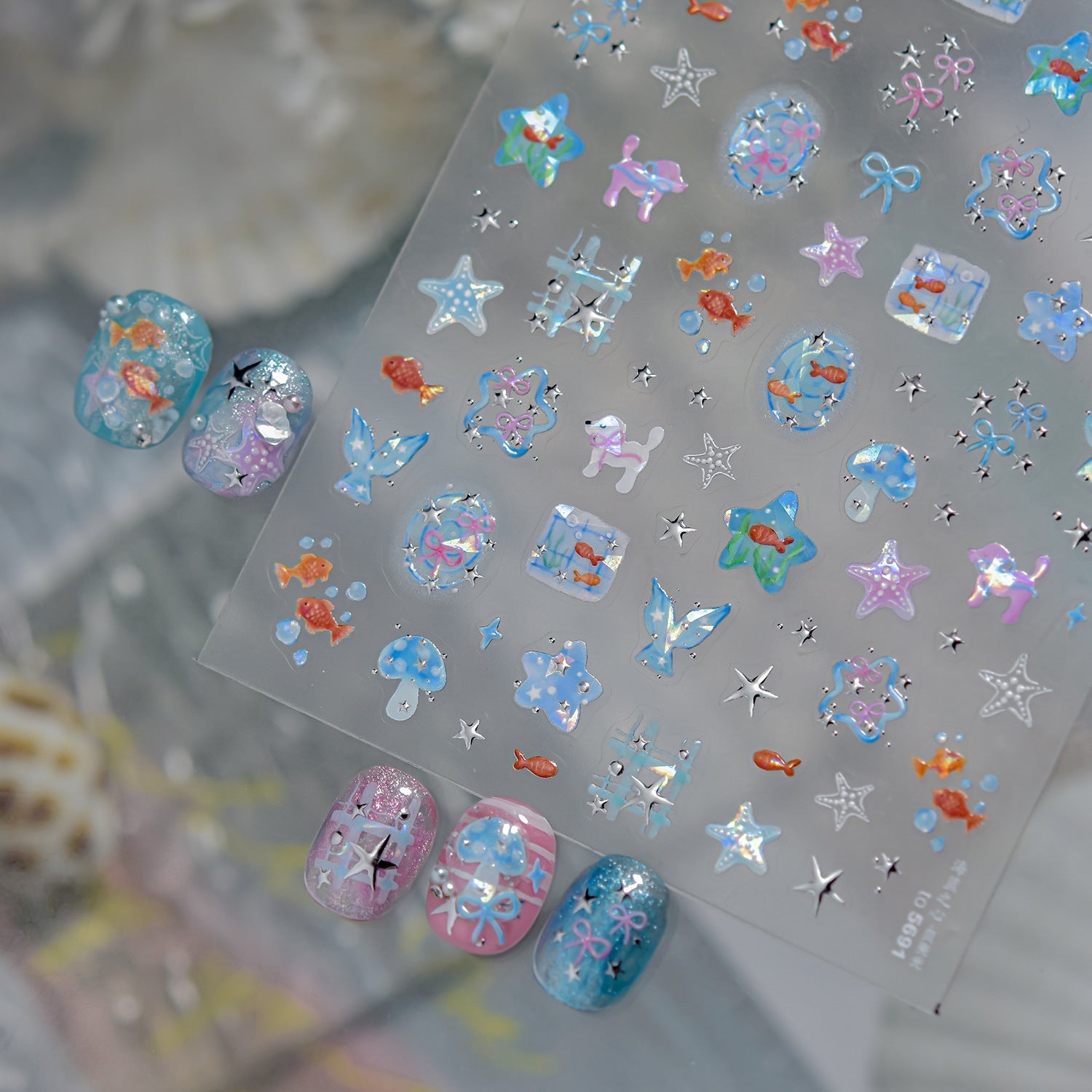 Hello Claws | Watercolour Ocean Fish Silver Nail Deco Sticker 