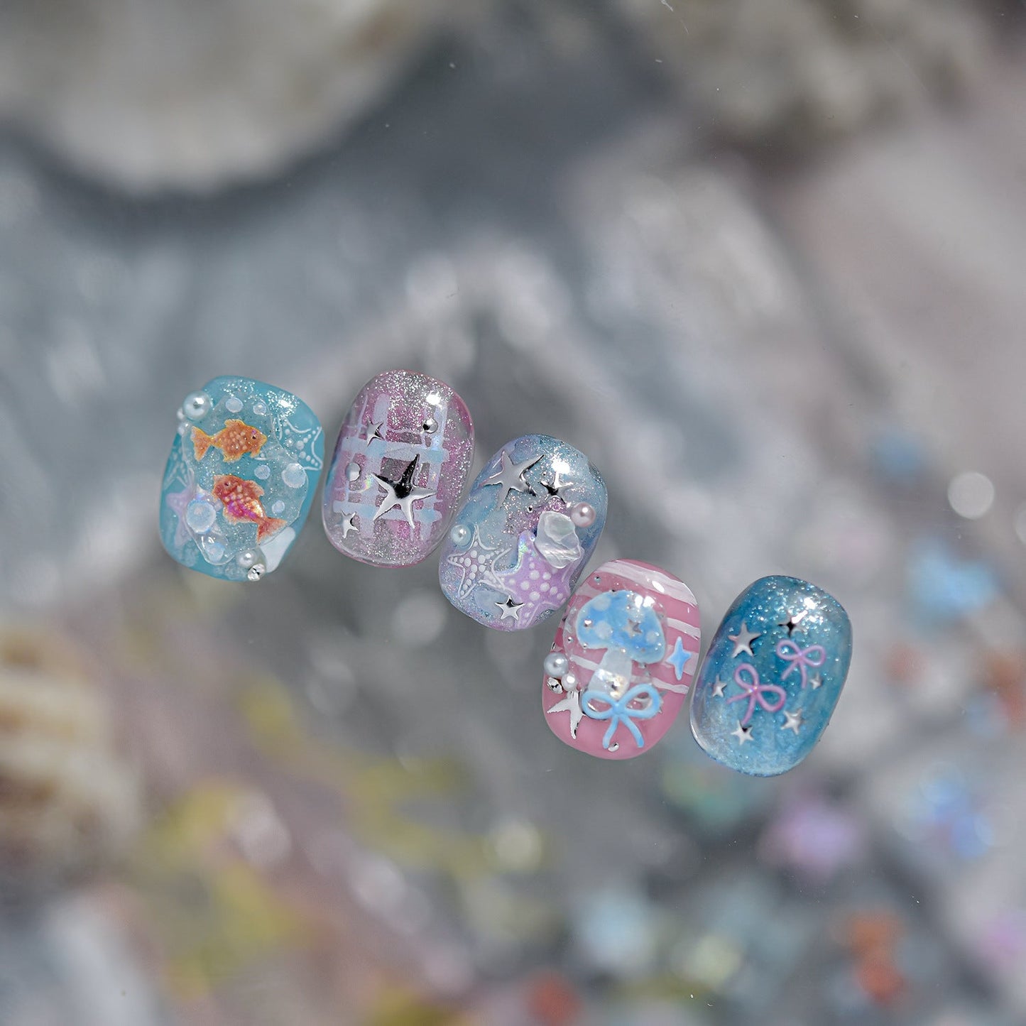 Hello Claws | Watercolour Ocean Fish Silver Nail Deco Sticker 