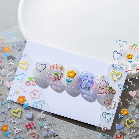 Hello Claws | Flower Bear Embossed Pattern Design Nail Deco Sticker